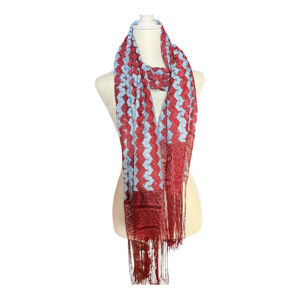 Boho Lace Fringe Scarf Sequins Stones Orange Blue Festival Lightweight Wrap
